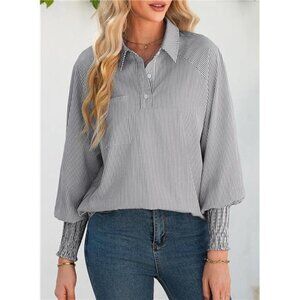 Women’s Striped V-Neck Button Down Blouse | Loose Fit Long Sleeve Teacher Top